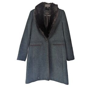 Banana Republic Coat Women's Sz S  Green Black Peacock Detachable Fur Collar